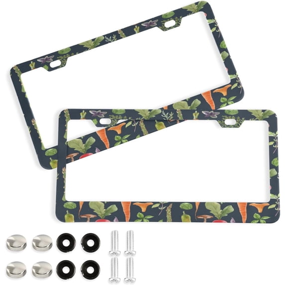 2Pcs License Plate Frames Vintage Vegetables Universal Aluminum License Plate Holder Cover Rust-Proof Car Tag Frame with Screw Caps Home Decor