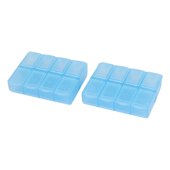 2Pcs Light Blue Plastic Rectangle 8 Compartment Pill Storage Case Box Holder