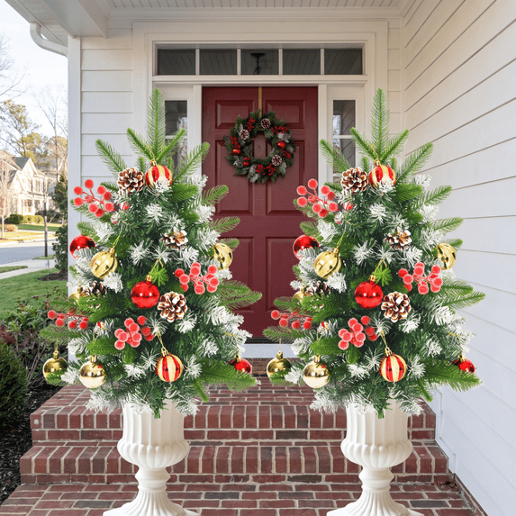 2Pcs Prelit Christmas Urn Filler Light Up Christmas Trees 30 inch 120 LED Warm Light Lighted Planter Filler with Timer Function Auto On/Off 8 Mode Lighting