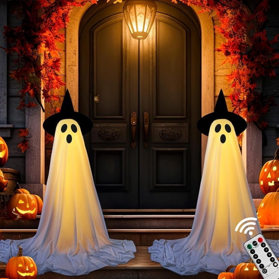 2Pcs Light Up Ghost Kit for Porch,Halloween Party Decor Outdoor Indoor,Spooky Ghost Decor with Remote Control String Lights,Height Adjustable Halloween Ghost Lights for Porches Yards Gardens Lawn