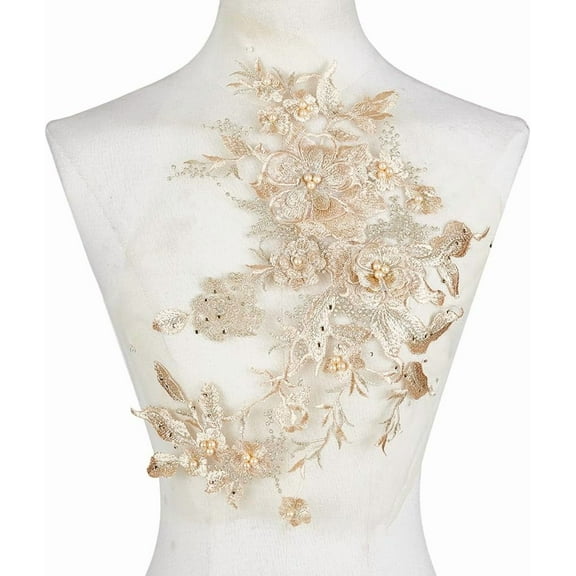 2Pcs Light Gold Flower Lace Appliques 3D Floral Embroidery Appliques Pearl Beaded Floral Sew on Patches