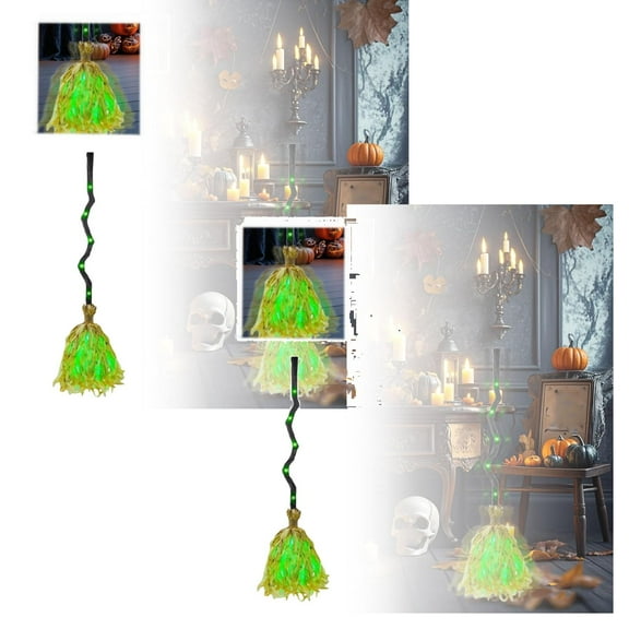 2Pcs Light Up Witches Broom Halloween Decor, 31.5" Animated Moving Witch Broom Halloween Decor, Dancing Magics Broomsticks With Spooky Sounds For Indoor & Outdoor(Green)