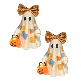 2Pcs Lighted Patchwork Light Up With Pumpkin Halloween Halloween Patchwork Lamp Fall Figurine For Mantel Shelf Entr Desktop Ornament White Happy 2026!