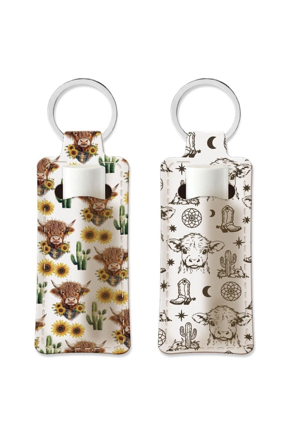 2Pcs Lipstick Holder Keychain Highland Cattle Lip Balm Holders Elastic Diving Fabric Lipstick Keychain Portable Lipsticks Holder Sunflower Chapstick Sleeve Key Ring Holders