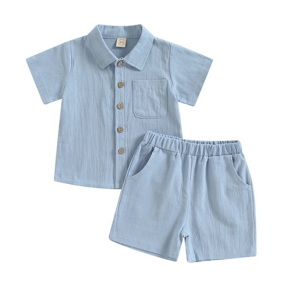 2Pcs Little Boys Outfit, 12 18 24M 3 4T Toddlers Summer Autumn Solid Color Lapel Short Sleeve Single-Breasted Tops Shorts Set