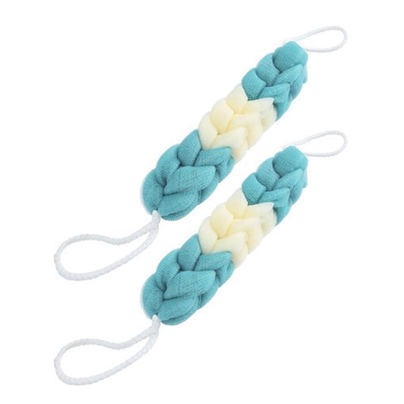 2Pcs Long Bath Loofahs With Wooden Handle, Stretchable Mesh Exfoliating Back Scrubber For Deep Cleaning And Soft Skin, Hanging Ribbons (Cyan+white)