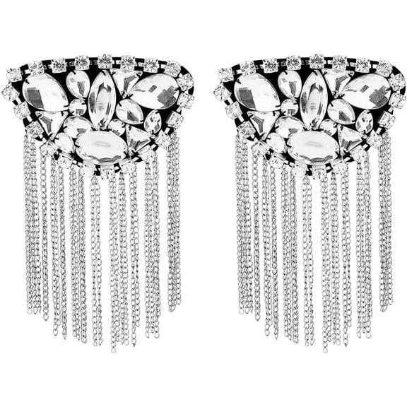 2Pcs Long Chain Tassel Epaulettes Horse Eye Rhinestone Shoulder Badge Platinum Fringe Shoulder Epaulettes Rhinestone Brooch Badge Pin for DIY Suit Coat Accessories