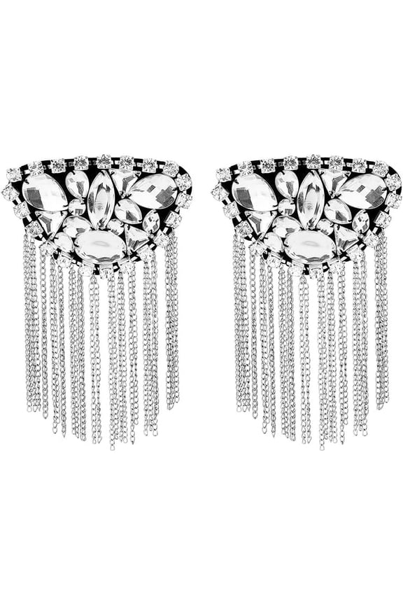 2Pcs Long Chain Tassel Epaulettes Horse Eye Rhinestone Shoulder Badge Platinum Fringe Shoulder Epaulettes Rhinestone Brooch Badge Pin for DIY Suit Coat Accessories