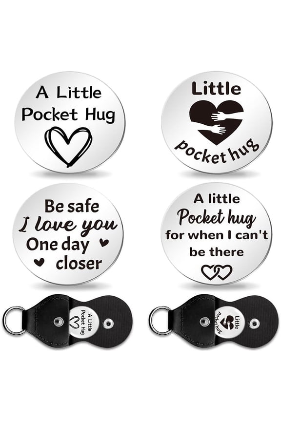2Pcs Love Pocket Hug Token with Key Chains Flat Round Double Sided Engraved Stainless Steel Commemorative Decision Maker Coin Pocket Hug Coin