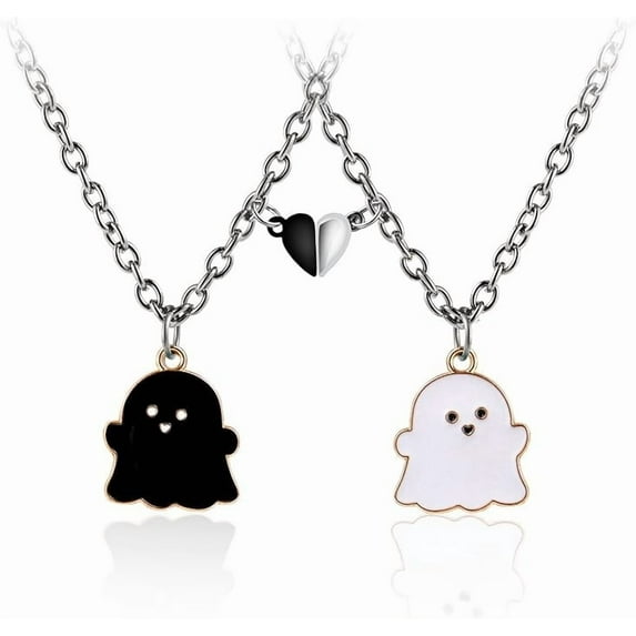 2Pcs Lovely Magnetic Love Heart Ghost Pendant Necklace Set for Women Men Best Friend Enamel Mutual Attract Magnet Couple Matching Necklace Jewelry Birthday Gift