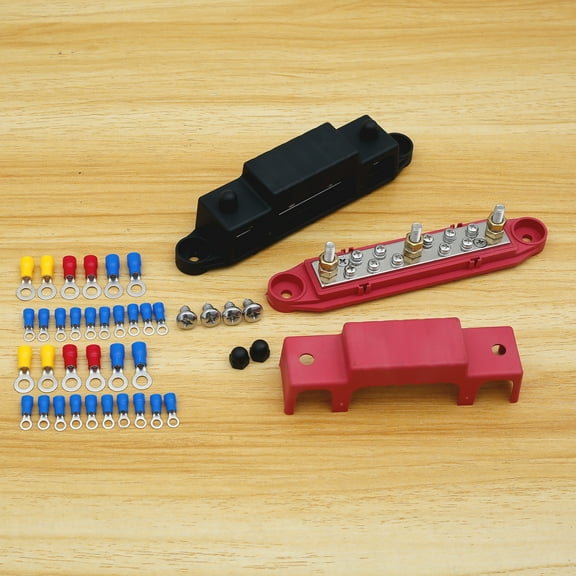 2Pcs M6 Stud Busbar Red Black with Insulated Terminal 4 Screw Bus Bar Distribution Block for Installation in Boat Car Recreational Vehicle