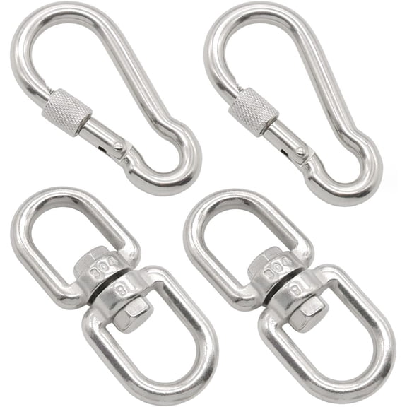 2Pcs M8 304-Stainless Steel Swivel Ring Double Ended Swivel Eye Hook, 2Pcs M8 Spring Hook, for Marine Mooring, Tree Swing, Hammock, Hanging Rotating Device