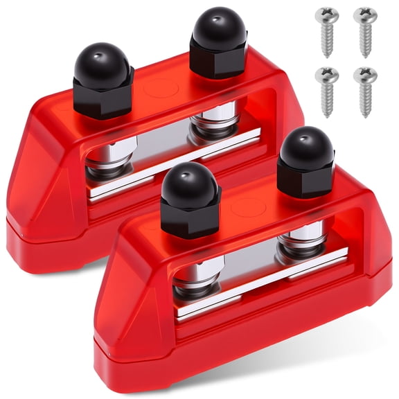 2 Pack M8 Dual Stud Bus Bar, 150A 12V-48V DC Power Distribution Block with 5/16" Terminal Studs, Heavy Duty Battery Junction Post with Insulated Cover for RV, Marine, Boat, Solar Systems (Red & Black