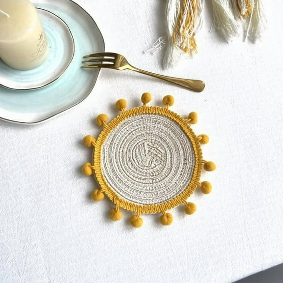 2Pcs Macrame Coasters Handmade Round Goldenrod Cotton 130mm for Home Kitchen Dining Table Use