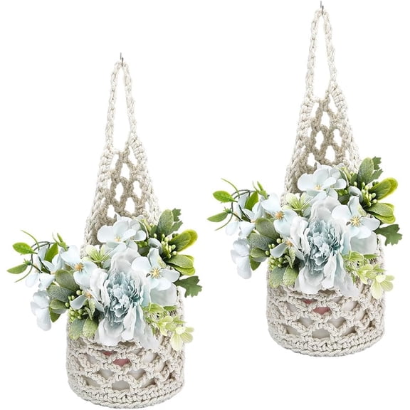 2Pcs Macrame Fruit Hanger White Cotton Boho Farmhouse Rustic Knitted Woven Vegetable Plant Planter Storage Rope Wall Hanging Basket Bags Stand Holder for Indoor Outdoor Home Decorations