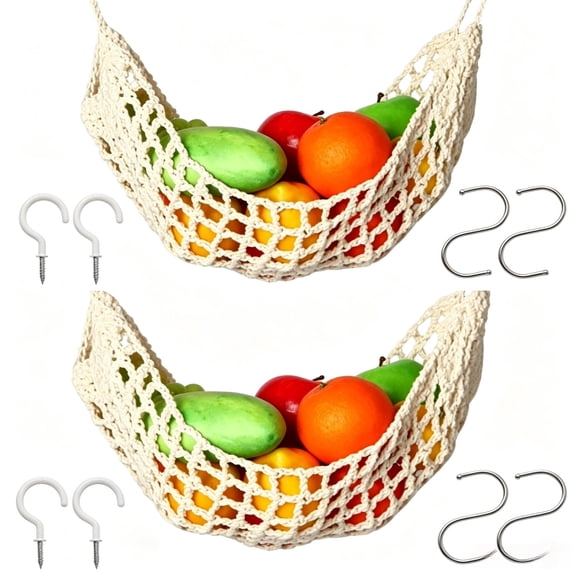 2Pcs Macrame Hanging Fruit Banana Hammock Under Cabinet, Handwoven Kitchen Storage Basket with Two Styles Hooks