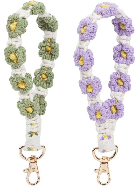2Pcs Macrame Keyring Daisy Weave Keychain Green Purple Wristlet Key Chain Holder Cotton Tassel Bracelet Keyring Boho Handmade Flower Wrist Lanyard with Clasp for Pendant Decorations 8Inch Colorful