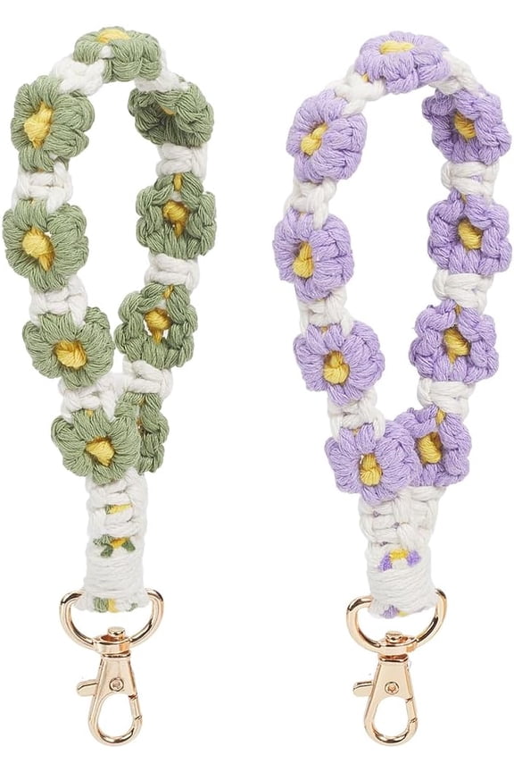 2Pcs Macrame Keyring Daisy Weave Keychain Green Purple Wristlet Key Chain Holder Cotton Tassel Bracelet Keyring Boho Handmade Flower Wrist Lanyard with Clasp for Pendant Decorations 8Inch Colorful