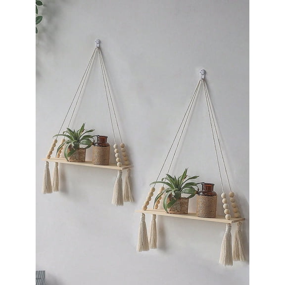 2Pcs Macrame Wall Hanging Shelf  Boho Wood Wall Shelves with Wood Beads, Farmhouse Floating Shelf for Bedroom, Living Room,Nursery Decor, Birthday Graduation Gift