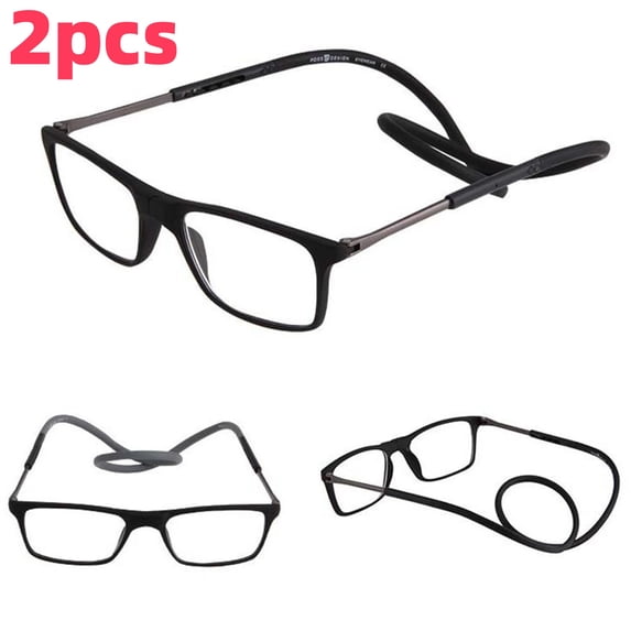 2Pcs Magnetic Reading Glasses Men Women Front Connect Adjustable Temples Eyeglass Around Neck Hanging Readers 2.0,Black