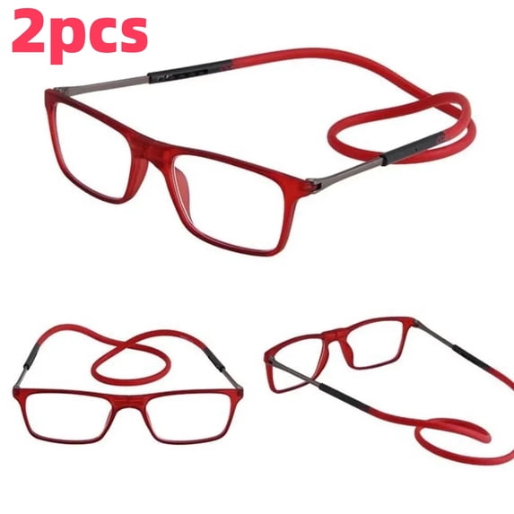 2Pcs Magnetic Reading Glasses Men Women Front Connect Adjustable Temples Eyeglass Around Neck Hanging Readers 2.5,Red
