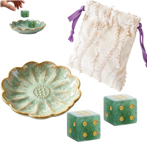 2Pcs Mahjong Dice Set, Natural Green Crystal Gemstone D6 Dice with Velvet Pouch & Ceramic Tray, 16mm Stone Dice for American Mahjong, Mahjong Accessories, Board Games & Gift for Players