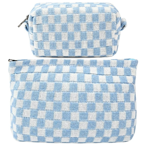 2Pcs Makeup Bag for Women Checkered Cosmetic Bag Set Travel Toiletry Makeup Pouch Cute Makeup for Purse Zipper Storage Brushes Aesthetic Accessories Girls Car Essentials(blue)