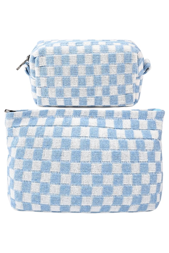 2Pcs Makeup Bag for Women Checkered Cosmetic Bag Set Travel Toiletry Makeup Pouch Cute Makeup for Purse Zipper Storage Brushes Aesthetic Accessories Girls Car Essentials(blue)