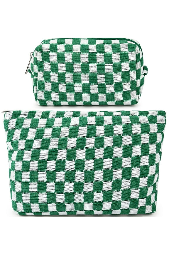 2Pcs Makeup Bag for Women Checkered Cosmetic Bag Set Travel Toiletry Makeup Pouch Cute Makeup for Purse Zipper Storage Brushes Aesthetic Accessories Girls Car Essentials(green)