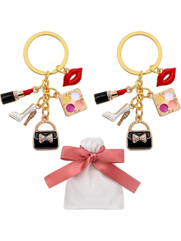 2Pcs Makeup Keychains, Alloy Enamel Lipstick Handbag Red Lips High Heel Blush Cosmetic Charm Keyring Set for Women, Cute Purse Bag Key Holder Accessories, Gift for Birthday Party Favors