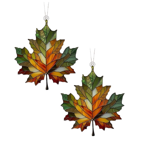 2Pcs Maple Leaf Stained Acrylic Window Hanging Ornament Fall Leaves Wall Art Panel Maple Leaf Pendant For Fall Thanksgiving Festival Party Supplies