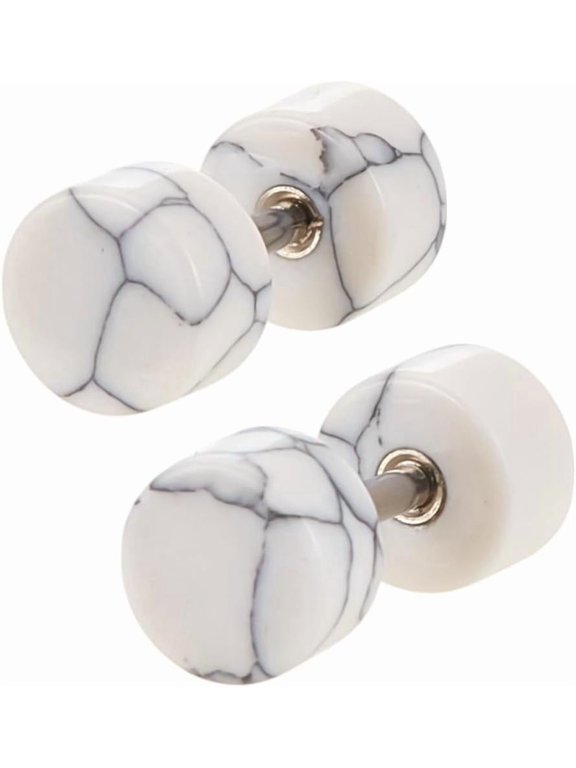 2Pcs Marble Stud Earrings 6mm 304 Stainless Steel Stud Earrings Flat Round Ear Piercing Plugs Gauges Illusion Tunnel Earrings Stainless Steel Color for Women Crafting and Accessories Gifts Howlite