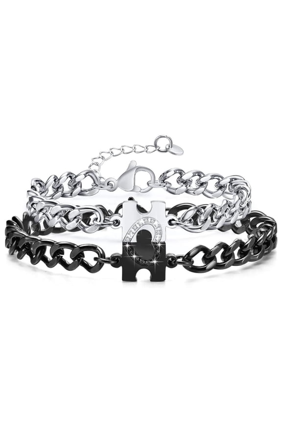 2Pcs Matching Bracelets for Couples:Long Distance Relationship Gifts Puzzle Heart Stainless Steel Bracelets for Women Men His Hers Bracelets Set for Bf gf Husband Wife Friends Anniversary Promise Gift