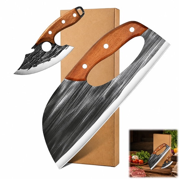 2Pcs Meat Cleaver Knife Set,Hand-Forged Chef's Knife Cleaver Set,Butcher Knife Meat Cleaver Set,for Kitchen,Camping,Cooking