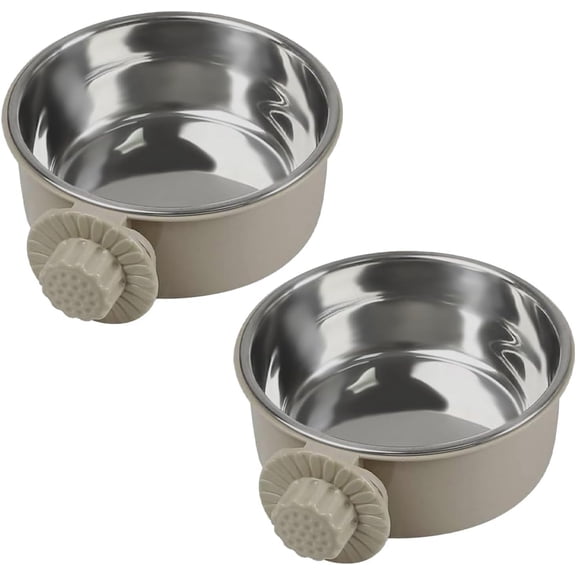 2Pcs Medium Pets Lightweight Stainless Steel Bowl,Removable Stainless Steel Pet Hanging Food Water Feeder Bowl Cage Coop Cup for Puppy Medium Dog Cat Rabbit Ferret Bird Gunea Pigs - Gray
