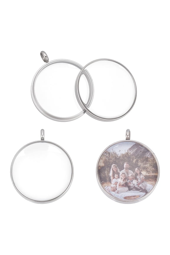 2Pcs Memory Locket Charm Stainless Steel Flat Round Floating Charm with Glass for DIY Picture Photo Necklace Making Locket
