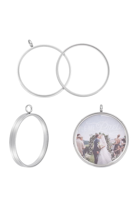 2Pcs Memory Locket Pendants 304 Stainless Steel Flat Round Charms Glass Floating Charm Photo Frame Locket Pendants for Necklace Jewelry Making