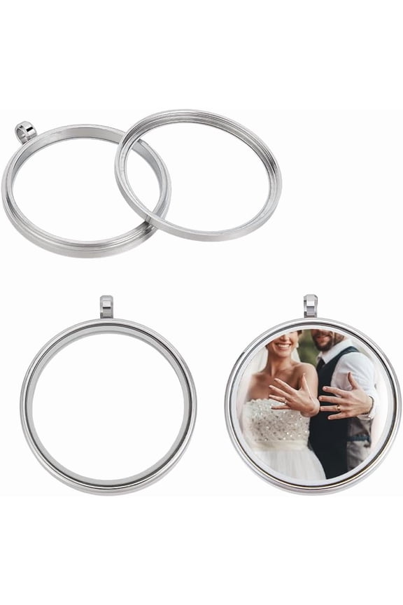 2Pcs Memory Locket Pendants 46mm Long Stainless Steel Blank Flat Round Floating Locket Charms Necklace with Glass Photo Charms for Necklace Jewelry Making DIY