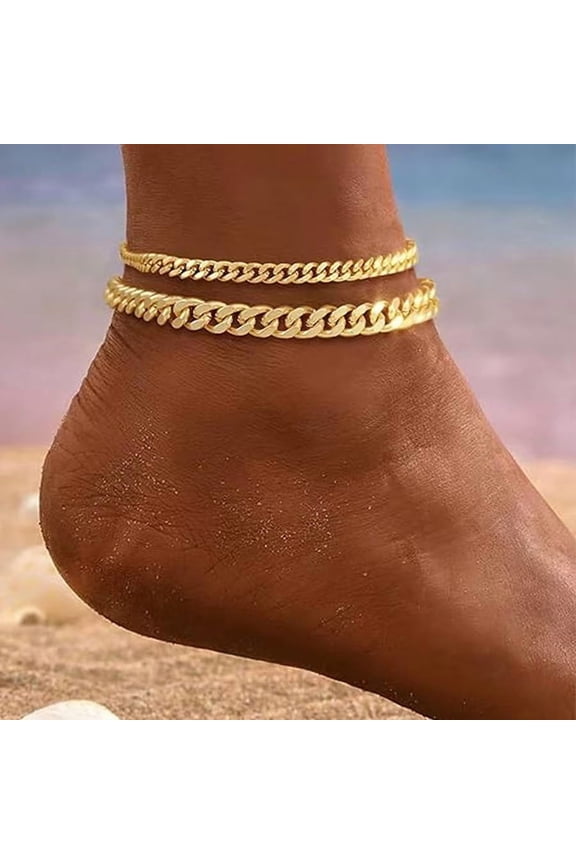 2Pcs Men Anklet , Chain Anklets for Men, Mens 14K White Gold Anklet, Fashion Cuban Rope Curb Link with Extend Chain