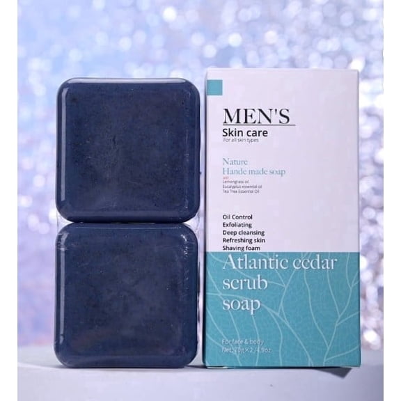 2Pcs Men's Natural Bar Soap for Face Body, Atlantic Cedar Scrub Natural Handmade Soap, Walnut Peel Granules Scrub, Glowing Skin,Nourishing & Deep Cleans