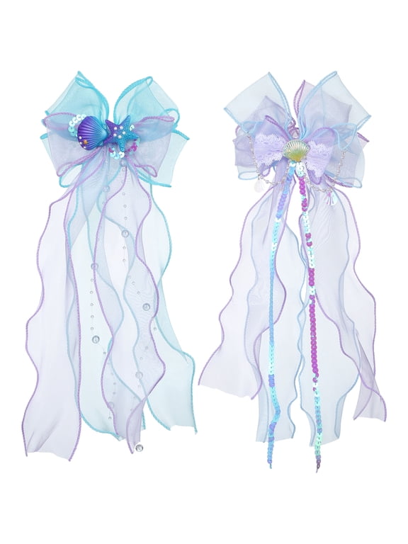 2-Pack Multi-Color Mermaid Bow Hair Clips with Seashell Accent for Parties, Beach, and Everyday Use