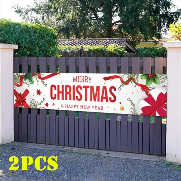 2Pcs Merry Christmas Banner New Year Fence Banner Sign Garden Holiday Decor