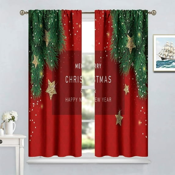 2Pcs Merry Christmas Curtains, Merry Xmas Glitter Snowflake Window Treatments for Living Room Bedroom Kitchen Holiday Party Decor, Red New Year Drapes