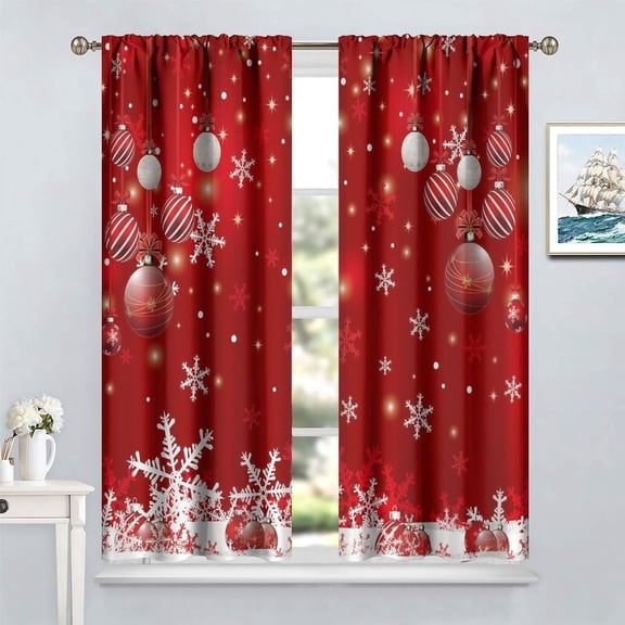 2Pcs Merry Christmas Curtains, Merry Xmas Glitter Snowflake Window Treatments for Living Room Bedroom Kitchen Holiday Party Decor, Red New Year Drapes