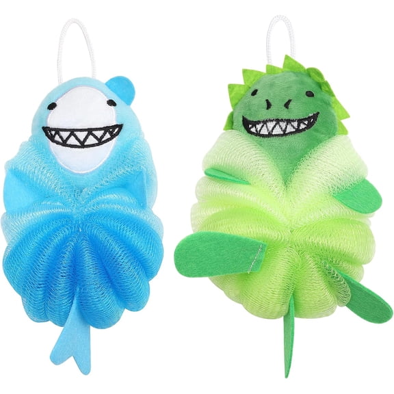 2Pcs Mesh Bath Sponges for Kids Cute Cartoon Body Sponges Poufs Kids Bath Loofahs for Shower Washing Exfoliating