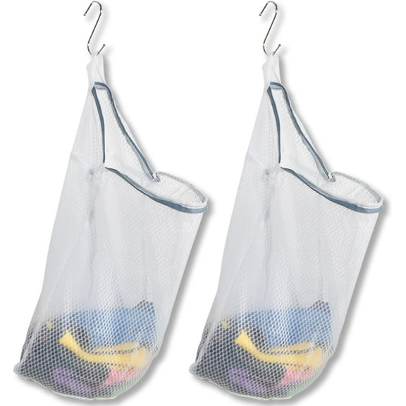 2Pcs Mesh Hanging Laundry Bags for Washing Machine, 15 X 12 inch Wash Bag for Clothes Delicates Lingerie with S Hooks