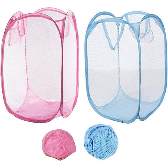 2Pcs Mesh Popup Laundry Hamper, Foldable Portable Dirty Clothes Basket Collapsible Dirty Clothes Hamper for Bedroom, Kids Room, College Dormitory and Travel