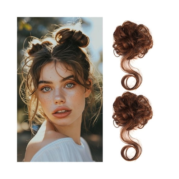2Pcs Messy Bun Hair Piece Tousled Updo with Tendrils Synthetic Wavy Curly Elastic Band Hair Extensions