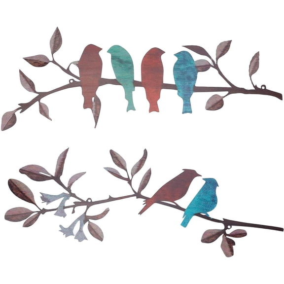 2Pcs Metal Birds Wall Art Birds on Branch Metal Wall Decor Leaves with Birds Sculpture Wall Hanging Sign Rustic Leaf Silhouette Colorful Iron Ornament for Balcony Garden Outdoor 6 x 16Inch Colorful