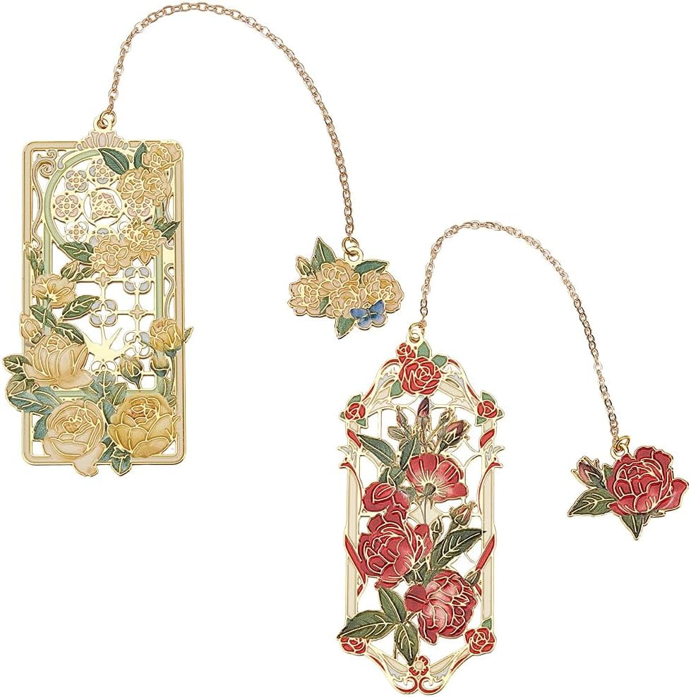 Red Roses Bookmarks 2Pcs Metal Bookmarks Flower Pendant BookMarker White Red Rose Bookmark ...